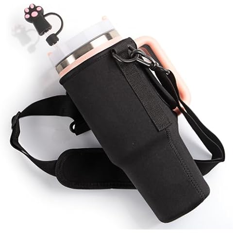 GORNORVA Water Bottle Holder with Strap&Black Paw Straw Cover Cap Perfectly Compatible with Stanley Quencher Tumbler 40 oz,Neoprene Water Bottle Sleeve for Walking Hiking Travelling Cover