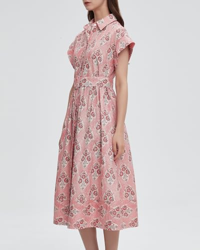 Women Summer Dresses 2025 Casual Wing Short Sleeve Button Down Midi Dress Floral Long Dress with Pocket3