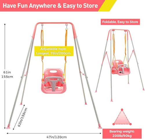 FUNLIO Toddler Swing with Foldable Metal Stand for Toddlers Aged 1~10 Years, 3-in-1 Baby Swing Set with 4 Sandbags for Backyard/Indoor/Outdoor Play, Easy to Assemble & Store, Pink by FUNLIO - Image 4