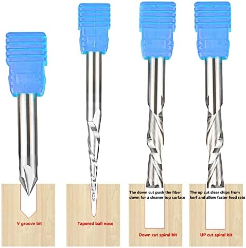 Sinoprotools 4 Pcs Solid Carbide Carving Router Bit Set 1/4 Shank,Engraving Router Bits, CNC Carving End Mills,V Groove Spiral Tapered Milling Cutter,Engraving Tools for Wood Sign Making&Lettering