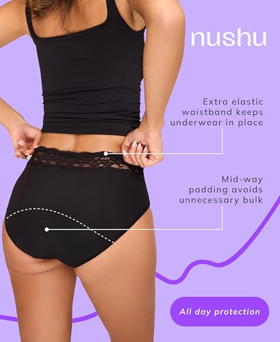 Image of Nushu Lace Hipster Period Panty for Women & Girls - Leak Proof & Reusable Underwear - for Super Heavy Flow, Absorbs Up to 6 Pads - 12-24hrs Protection, Bamboo Fabric Panty - Black