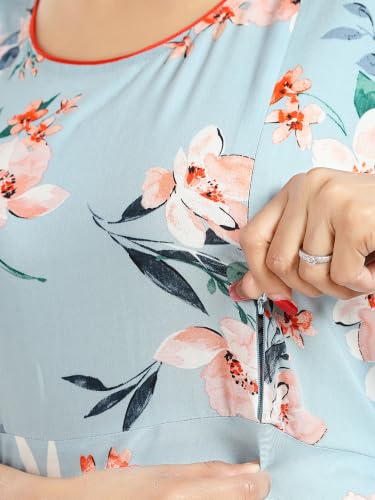 Image of CLOUD SOFT Women's Rayon Cotton Floral Printed Maternity Feeding Gown | Full-Length Nursing Nighty with Zipper | Pre & Post Pregnancy Dress (CS11004-5 MT All)