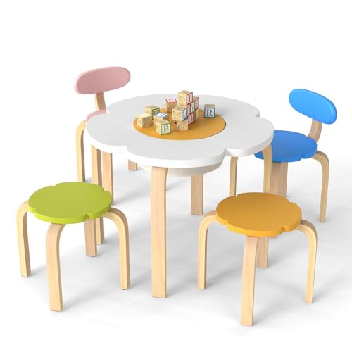 COSTWAY Juego de Mesa y Sillas Infantil, Mesa Infantil con 2 Sillas y 2 Taburetes Coloridos en Forma de Flor, Almacenamiento Debajo del Tablero, Pupitre para Leer Jugar para Niños de 3+ Años