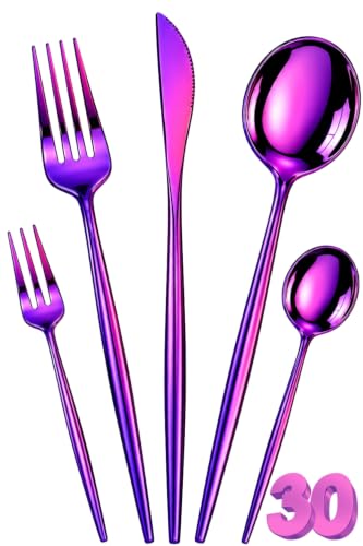Image of Slim Handle Pink 30 Pcs Stainless Steel Cutlery Set for Dining Table, Dishwasher Safe Glossy Flatware (6 Spoon Set+6 Forks Set+6 Butter Knife+6 Dessert Spoon+ 6 Fruit Fork)