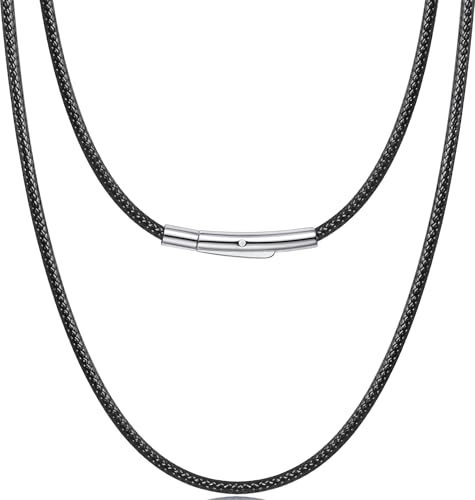 Girluky Leather Necklace for Men 2mm Braided Leathers Chain Black Mens Necklaces Waterproof Leather Necklace Cord for Men 18 Inch