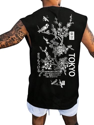 WDIRARA Mens Letter Floral Graphic Tank Top Crew Neck Sleeveless Summer T Shirts Black Large