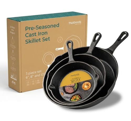 nuovva Pre-Seasoned Cast Iron Skillet Frying Pans Oven Safe Cookware for Indoor & Outdoor Use - Grill StoveTop PFOA & PTFE Free (3-Piece Chef Set 6-Inch 15cm 8-Inch 20cm 10-Inch 25cm)