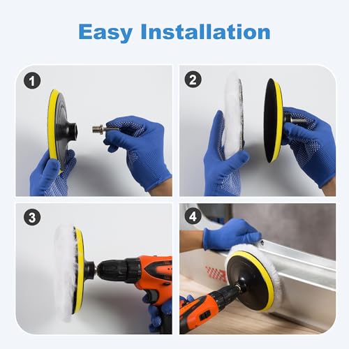 Image of S SATC Wool Polishing Buffing Pad Car Buffer Polisher Pads Kit with 4PCS 6 Inch Buffing Pad M14 Drill Adapter and Hook and Loop Back, Drill Polisher Attachment for Car Polishing, Waxing