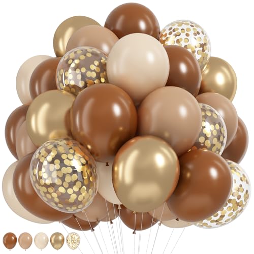 Image of HILAVO Brown and Gold Balloons 12 Inch Double Stuffed Dark Coffee Tan Cream Beige Sand Nude Neutral Latex Balloon Confetti Balloons for Boho Birthday Rodeo Thanksgiving Baby Bridal Shower Party Decor