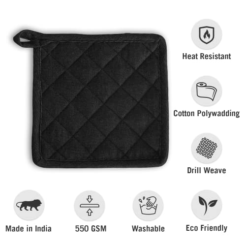 Image of 3 Pot Holder Heat Resistant Cotton Hot Pad or Pot Stand for Kitchen Cooking & Baking | Quilted Thick Fabric, Easy Grip, Hanging Loop (Black)