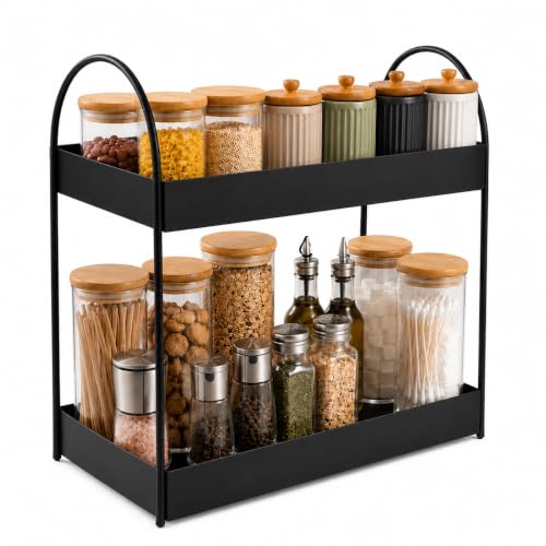 Image of Homeor 2-Tier Metal Countertop Organizer | Heavy Duty Standing Rack for Kitchen Spice Storage & Bathroom Vanity | Multi-Purpose Shelf For Kitchen, Cosmetic & Toiletry Display Shelf, Black