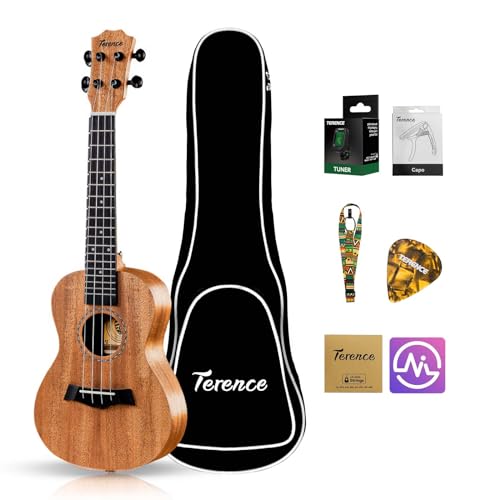 TERENCE Sopran Ukulele 23 Zoll Mahagoni Ukelelele für professionelle Anfänger Erwachsene Ukulele Kit mit Stimmgerät Kapodaster Aufbewahrungstasche Gurt Plektren Nylon-Saite & Tuch