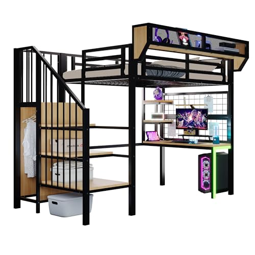 NADEUSAK Cama alta de metal negro 90 x 200 cm, con escritorio, estantería y red de almacenamiento, completa con escalera de seguridad, barandilla elevada (sin colchón)