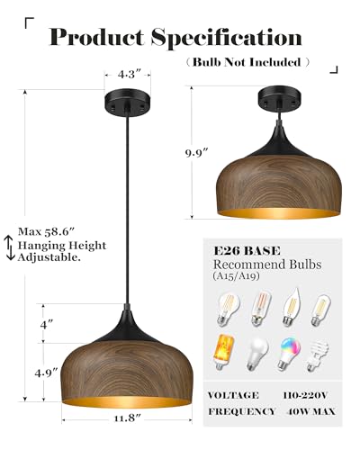 Elyona Modern Pendant Light Walnut Wooden Pattern Dome Pendant Light Fixture Matte Black Metal Gold Inner Finish Adjustable Hanging Lighting For Kitchen Island Dining Room Office Hallway Foyer Bedroom thumb #4