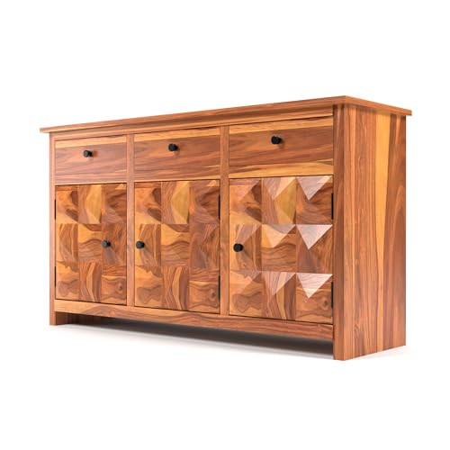 Image of Solid Sheesham Wood Wooden Sideboard Storage Cabinet & Chest of Drawer : Ideal for Living Room and Bedroom with 3 Drawers and 3-Shelf Storage (Morse, Honey Finish)
