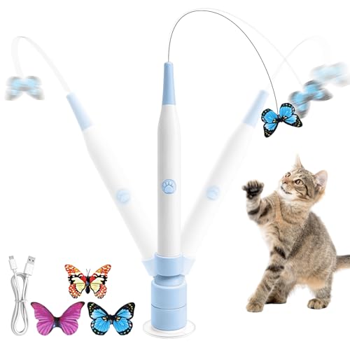 YoPoll Rechargeable Automatic Cat Toy with Suction Cup Interactive Cat Toys for Indoor Cats Butterfly Feather Teaser Wand for Bored Kittens Self Play Exercise Toy