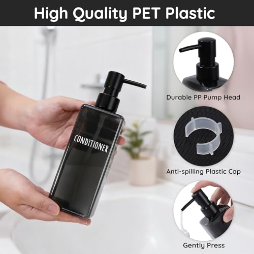 Image of Segbeauty 16.9oz Black Large Plastic Soap Dispenser Bathroom, 3pcs Large Capacity Refillable Shampoo and Conditioner Dispenser, 500ml Body Lotion Bottle, Pre-printed Square Empty Gel Cream Pump Bottle