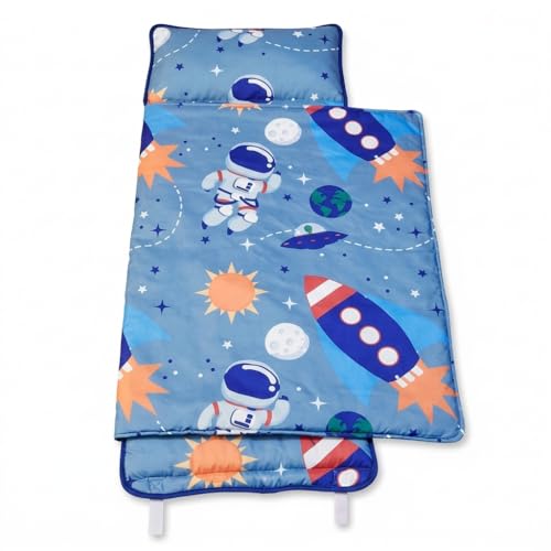 Image of EVERYDAY KIDS Nap Mat w /Removable Pillow -Outer Space Adventures- Carry Handle with Straps Closure, Rollup Design, Soft Microfiber for Preschool, Daycare, Travel Sleeping Bag - Ages 3-6 Years