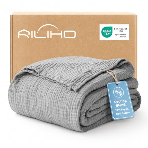 Cooling Muslin Blankets for Hot Sleepers 20% Rayon Derived from Bamboo 80% Cotton Summer Blanket 6-Layer Soft & Breathable Gauze Blanket All Season Use 50x60 Medium Gray