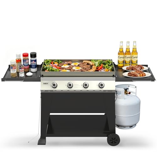 4 Burner Propane Grill with Soft Rainproof Cover 34inch Outdoor Cast Iron Flat Top Griddle Foldable...