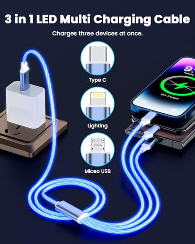 Cable de carga 3 en 1 multiUSB de 1,2m con luz LED para iPhone y Android 4