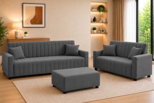 Image of Rosebell 3+2 Fabric Sofa Set with Ottoman | Premium Upholstery 5 Seater Sofa | with Printed Cushions | Living Room Furniture | - Grey Color