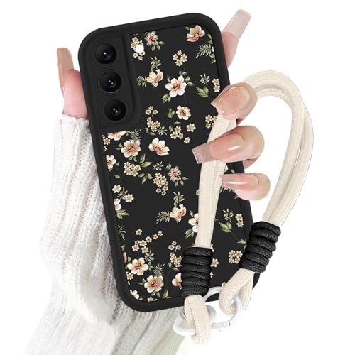 Kueqeay Handyband Handyhülle für Samsung Galaxy S22 5G hülle mit Band Kette Aesthetic Blume Schwarz Muster Frauen Mädchen Design mit Kordel Cover Kameraschutz Case Silikon Schutzhülle 01