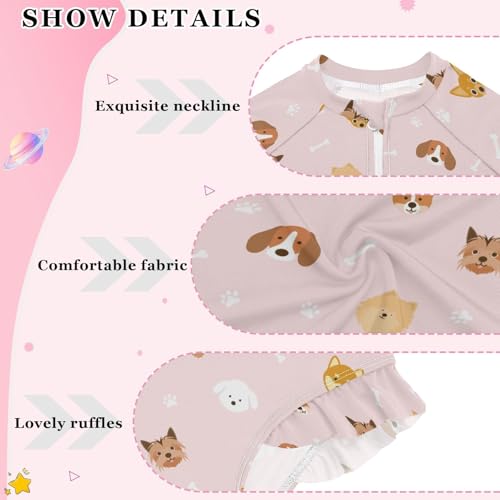 Girls Swimsuit Cute Dog Paw Bone Pink Long Sleeve One Piece Bathing Suit for Kids UPF 50+ Rash Guard Swimwear 3-124