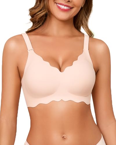 Image of Seamless Bras for Women No Underwire Push Up Bra Full Coverage V-Neck Wirefree Bralettes Soft T-Shirt Everyday Bra Beige