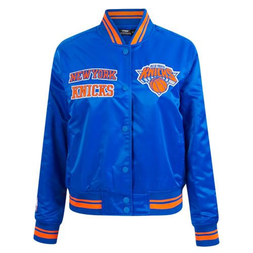 Chaqueta retro NBA Pro Standard de satén para mujer en color azul royal y naranja XXL