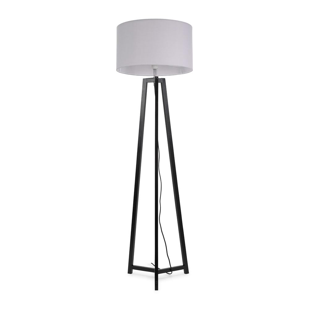 ValueLights - LED Floor Lamp - Grey Fabric Drum Shade - Black Wood Tripod