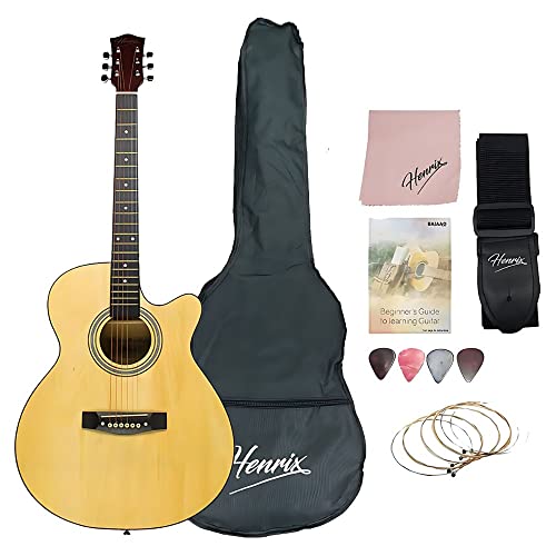 Image of Henrix 40C 40 Inches Basswood Cutaway Acoustic Guitar with Dual Action Truss Rod, Gigbag, Picks, String Set, Strap, Cloth & Ebook- Natural