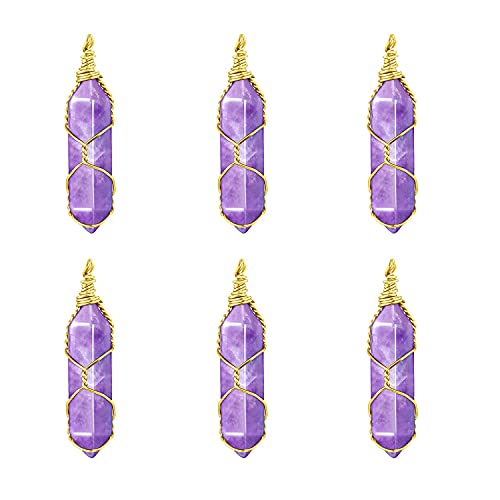 YIVSHINE Quartz Stones Pendant Wholesale 6PCS Natural Crystal Healing Point Chakra Reiki Pendants for Necklace Earrings Bracelet Jewelry Making(Amethyst)
