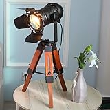 Farmhouse Vintage Adjustable Cinema Tripod Wood Table Lamp - Nautical Industrial Black Retro Style...