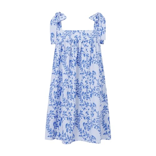 Image of Women Floral Tie Shoulder Mini Dress Cute Square Neck Loose Fit Beach Short Dress Backless Boho Vocation Sundress
