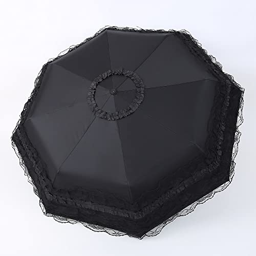 Wendin Unique Auto Close/Open Princess Lace Folding Umbrella Anti-Uv Parasol Sun Rain Umbrella Sunshades With Lace Decoration Compact Enough To Fit In Tote Bag Prop For A Victorian Mourning Event Halloween Freak Show Party With A Lace Hand Bag (Black First Trial) #TOP1