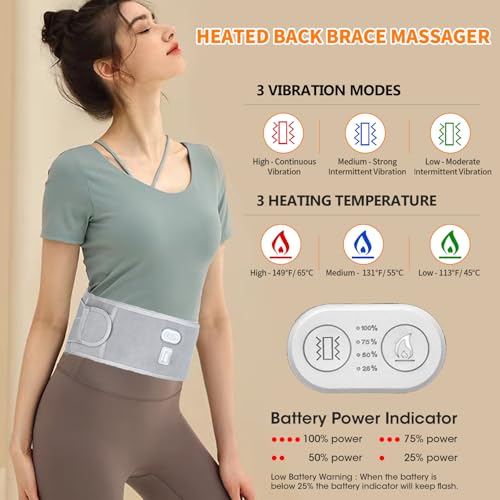 CUEHEAT Heated Waist Belt - Cordless Heating Pad for Lower Back Pain Relief, Electrical Heating and Massage, Rechargeable Battery Powered (Gray, Waistline 29-57 inch)