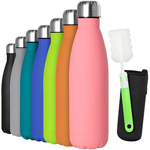 GeeRic Botella Termica 500ml,Botella Termo Acero Inoxidable Mantener 12H Caliente/24 Frío,Botella de Agua+Cepillo+Bolsa portátil para Taza Termo para Acampar,Escuela,Deportes,Gimnasio Rosado