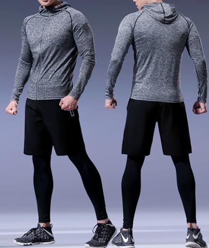 Herren Sport Laufset (5er Pack) Athletisches Shirt+Short/Kompressionsshirt+Hose mit Mantel Trainingsanzug Gym Anzüge Schwarz 03 L