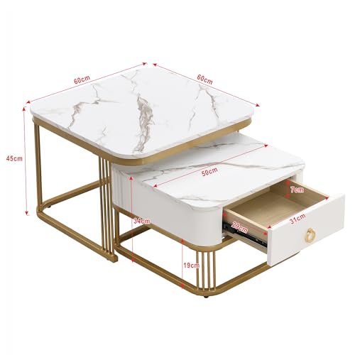 ModernLuxe 2-in-1 MDF Coffee Tables for Living Room, Square Coffee Table with High Gloss Marble Exterior, Gold Accents, Side Table with Drawer, Modern Nest of Tables for Saving Space, White - Image 2