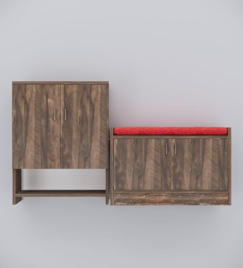 Image of SPECIALITY PANELS Shoe Rack Combo Set with Cushioned Seating Bench, 2 Door Storage Cabinet, Walnut Brown Finish, DIY Assembly, 2 Piece Set