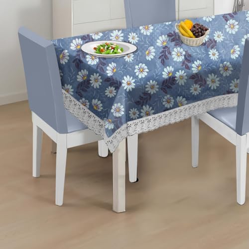 Image of The Furnishing Tree Waterproof PVC Rectangle Shaped 10 Seater Table Cover WxL 60x120 inches Floral Pattern Blueish Grey with White Border lace