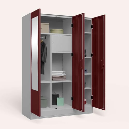 Image of Interio by Godrej Almirah Slimline 3-Door Steel Almirah, Cupboard for Clothes (Russet), 1-Year Warranty, 7 Shelves, 1 Locker, Curvilinear Mirror