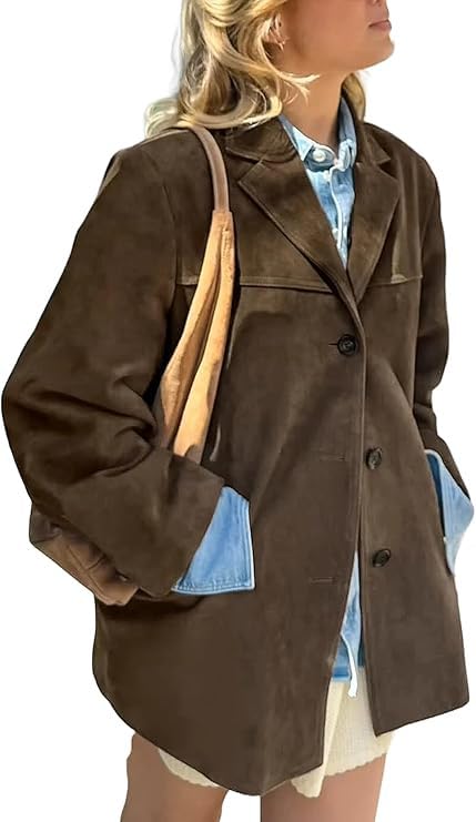 A&M Express Chaqueta tipo blazer de piel de ante marrón oscuro - Abrigo suelto elegante con bolsillos para mujer, marrón oscuro, XL