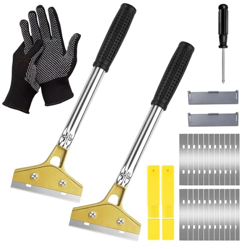QingWing Industry Rasquetas Set con 20 Piezas Cuchillas, 30cm Larga Raspador y Rascavidrios Profesional con Destornillador y un par de Guantes, Rasqueta Cocina, para Espejos, Azulejos Limpieza