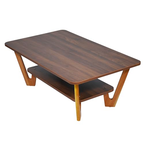 Image of Wooden Coffee Table with Solid Wood Legs, Engineered Wood Center Table for Living Room, Columbian Walnut Finish