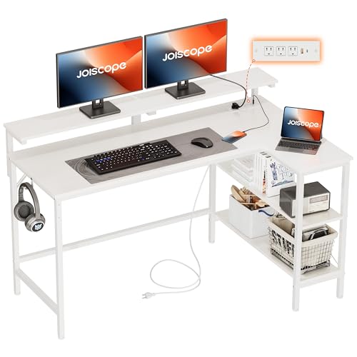 JOISCOPE L Shaped Gaming Desk with Shelves and Display Riser, Corner Computer Desk with USB and Type-C Outlet, Home Office Desk for Work, Writing and Study, 48 inches, White
