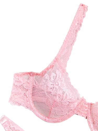 Image of Lilosy Sexy Floral Lace Scallop Underwire Push Up Sheer Lingerie Set Outfits