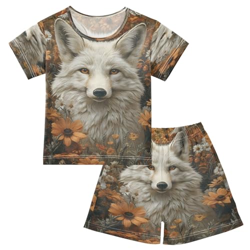 ALAZA White Fox Flower Floral Print Pajamas Set Short Sleeve Cotton Sleepwear Summer Pjs 2 Piece 5-14Y
