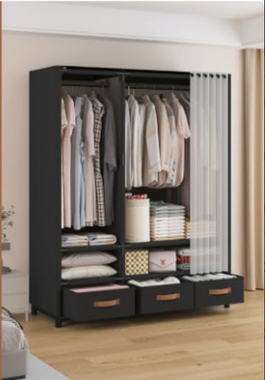 ワードローブ クローゼット 外套ハンガー シンプルスーツハンガー 布製 衣類ハンガー 長さ70/110/140cm 大容量 防水 防塵 防汚 空間節約の簡単組立 寝室・レンタル部屋・家庭用（ブラック、110*45*165.5cm、引き出し付き） [並行輸入品]